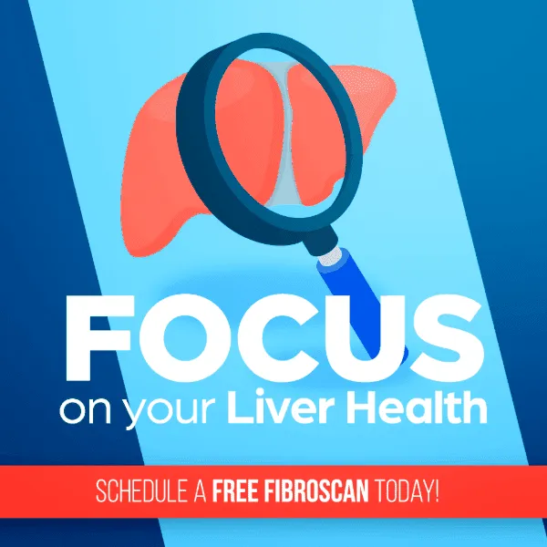 Liver and magnifying glass, focus on your liver health, schedule a free fibroscan today, liver clinical research